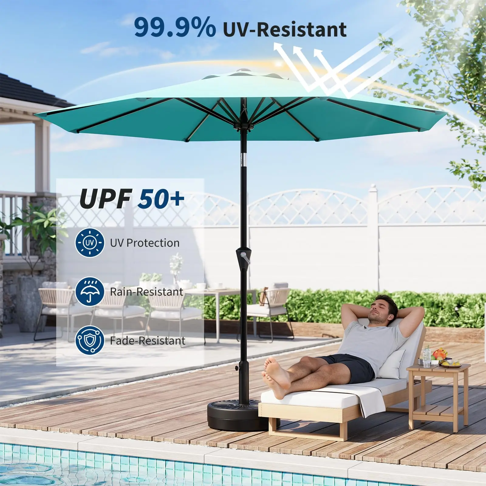 9FT Umbrella Outdoor Patio, Table Umbrella with Push Button Tilt and Crank, 8 Sturdy Ribs Waterproof UV Protection for Garden, Pool, Deck, Backyard, Market (Sky Blue)