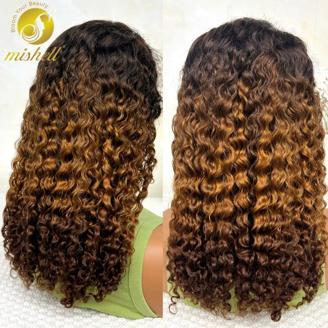 

250% Density 34/30/4 Ombre Water Wave Human Hair Wigs 13x4 Lace Frontal Burmese Bouncy Curly Wig PrePlucked Remy for Women