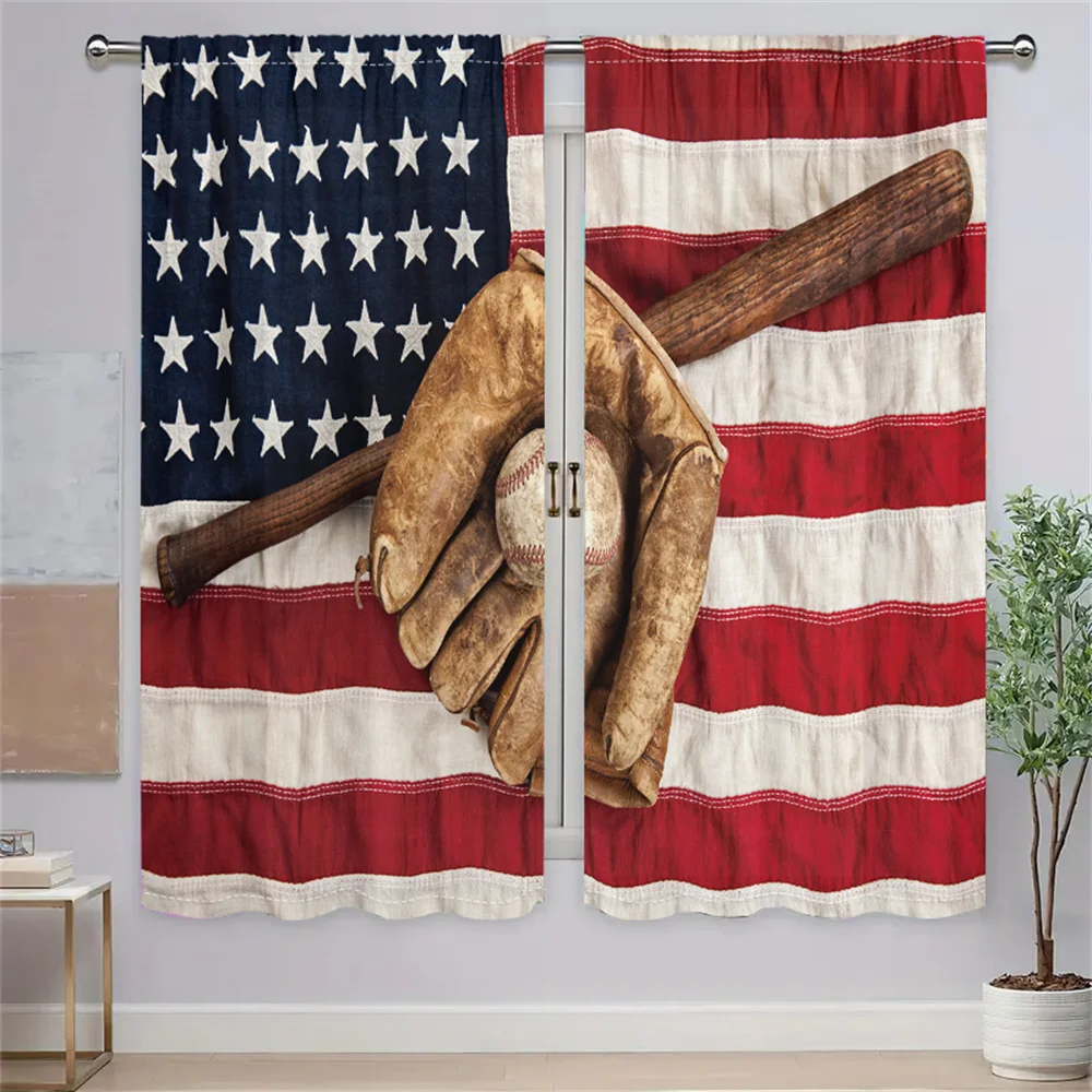 2Pcs American Sports Curtains Baseball Flag Pattern Living Room Bedroom Kids Room Sunshade Patriotic Theme Decor Curtains