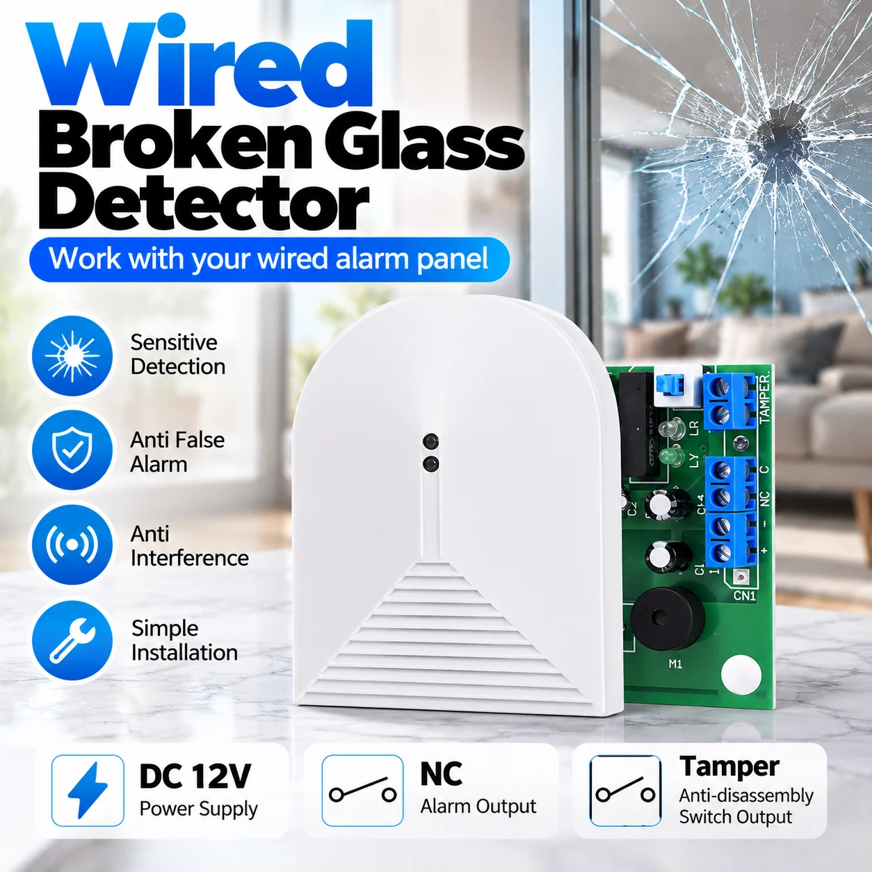 Security Alarm Detector NC Wired Connection Broken Glass Detector Glass Break Sensor For Tuya WIFI Wired GSM Alarm System