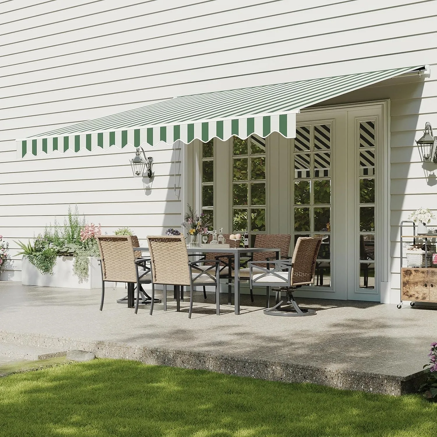 Nordivale 12x10FT Manual Retractable Awning Outdoor Patio Sun Shade Canopy Waterproof Polyester PA Coated Fabric with Crank Handle for Backyard Deck Window Green and White Striped