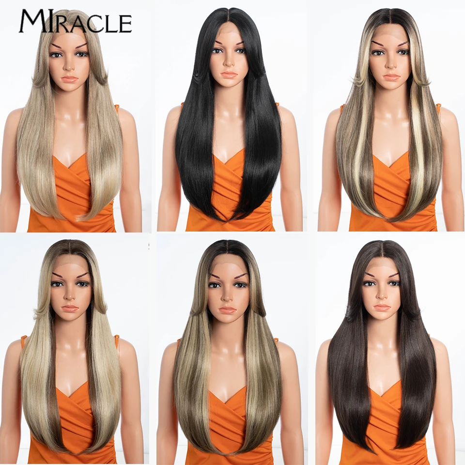 MIRACLE Synthetic Lace Front Wig for Women Straight Lace Wigs With Bangs Heat Resistant Blonde Cosplay Wigs Fiber Fake Hair