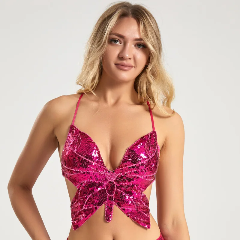 

Y2K Butterfly Sequin Crop Top Summer Backless V Neck Belly Dance Clothes Festival Costumes Fashion Trendy Bandage Tops Sexy Vest