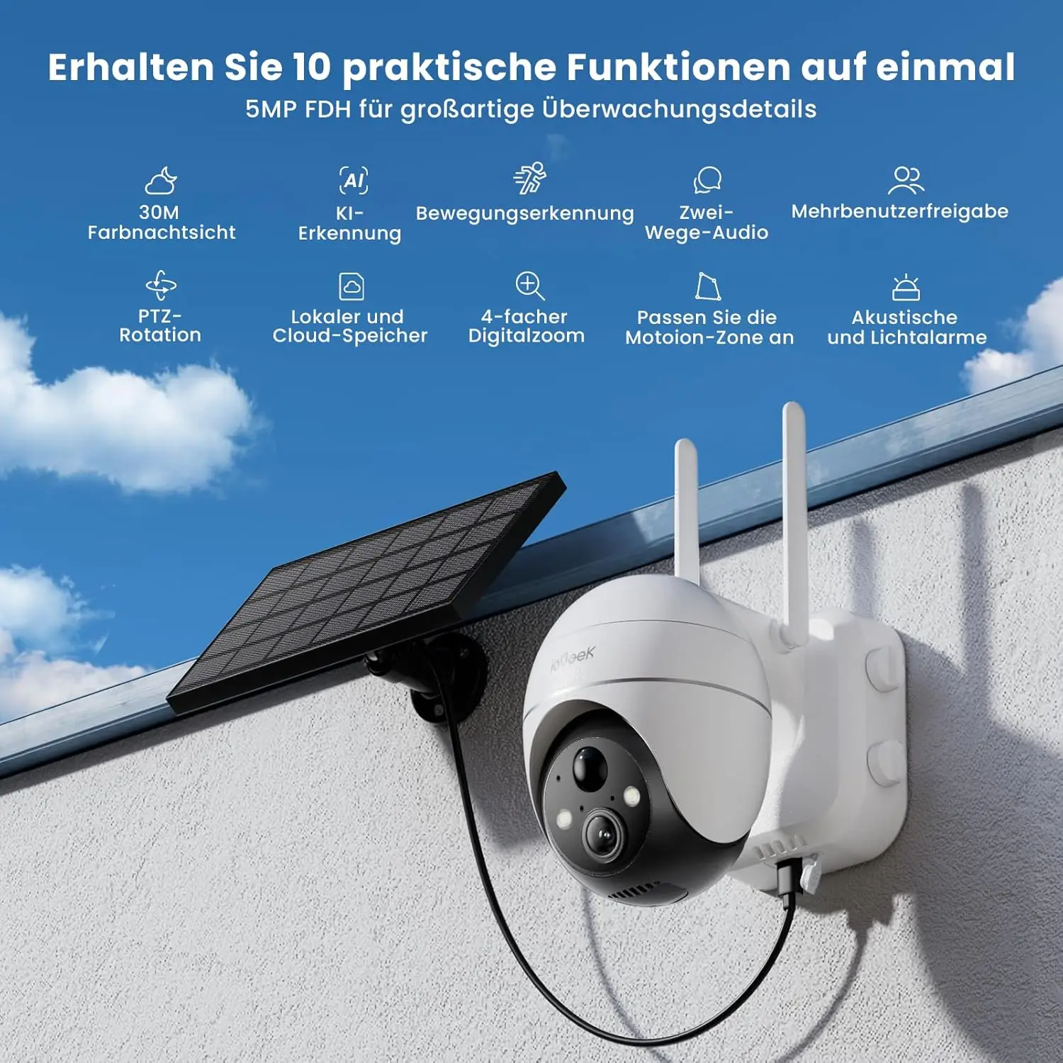 IeGeek 5MP 360° Solar-Überwachungskamera für den Außenbereich mit Farb-Nachtsicht, kabelloses Akku-Kamerasystem, WLAN-PTZ-Kamera, Bewegungserkennung, Sirene & Flutlicht, Gegensprechfunktion,