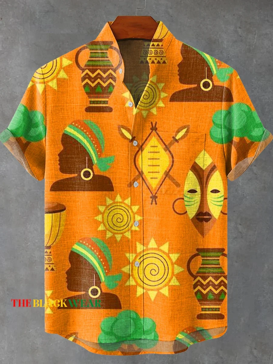 新しいレトロ部族トーテムパターンプリントメンズ新しいリネンコンフォート生地半袖シャツ XS-5XL 高速配送