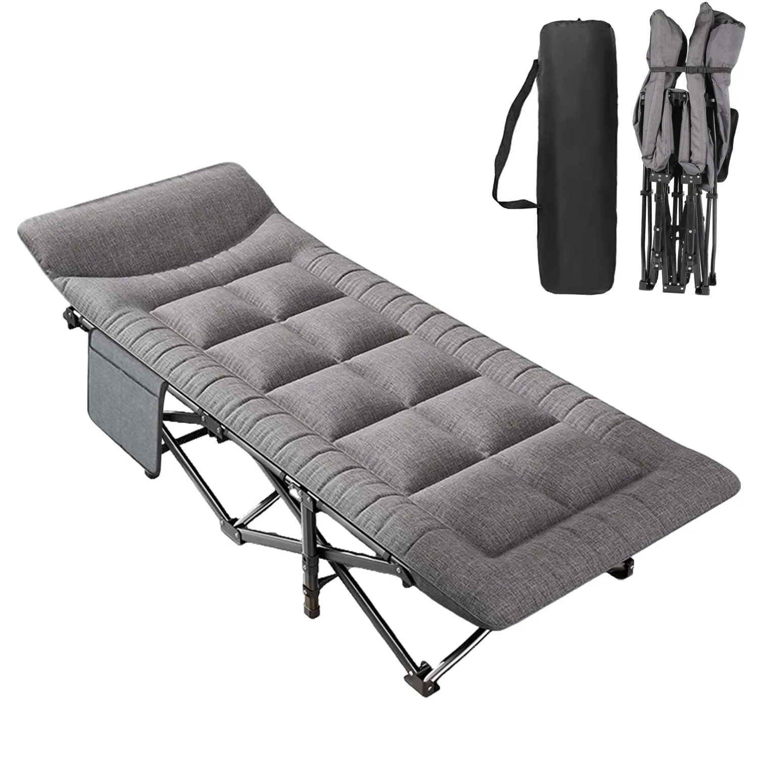 Lit de camping pliable portable avec poche latérale et sac de transport, chaise longue robuste jusqu'à 200 kg pour les voyages, le bureau et la plage