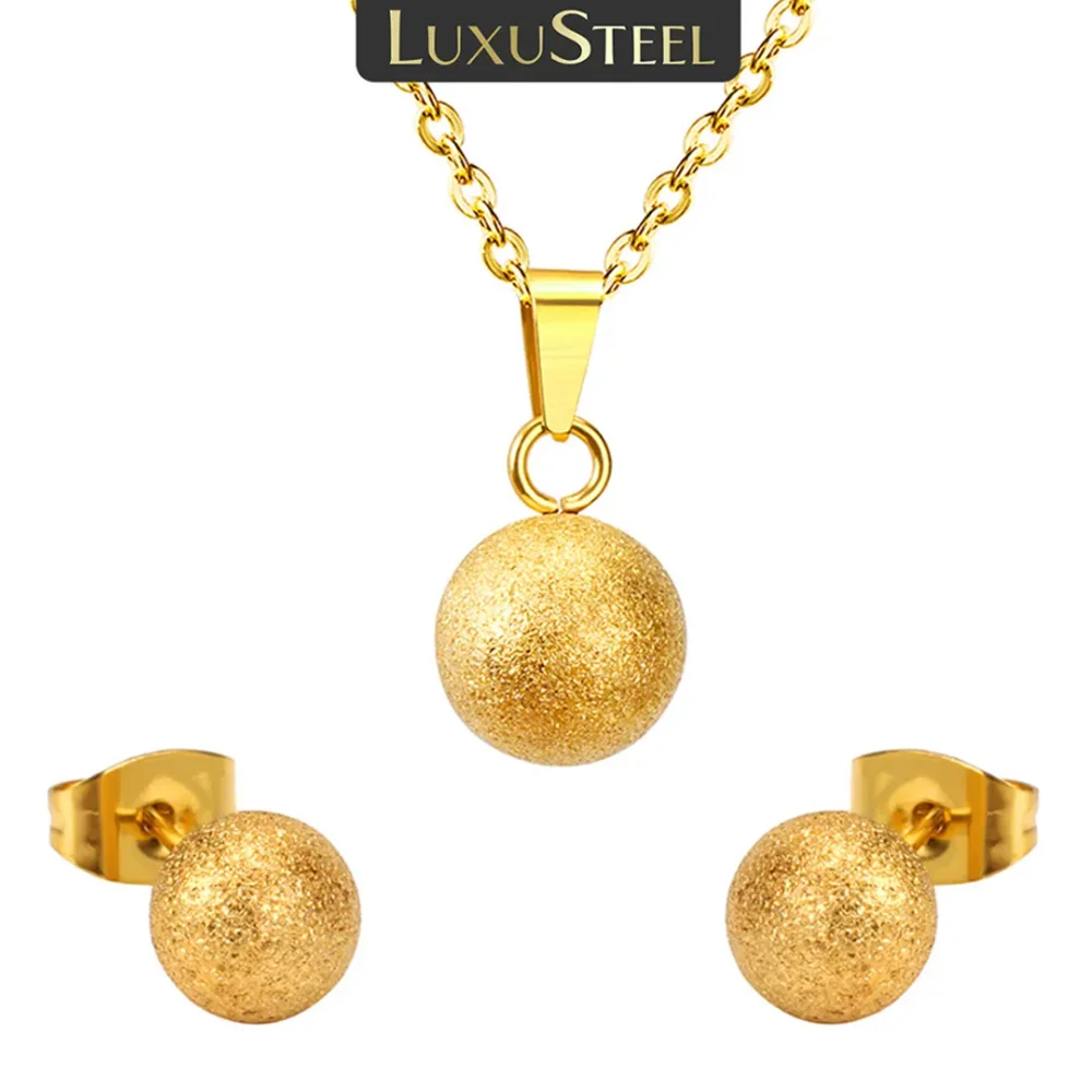 LUXUSTEEL Chokers Necklaces For Women Stainless Steel 2023 Scrub Gold Color Round Ball Pendant Necklace Earring Sets Brinco