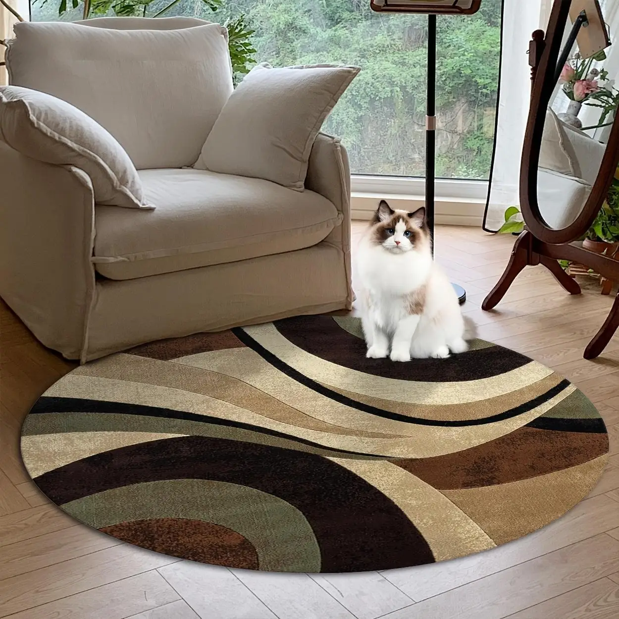2D Flat,Modern Abstract Swirl Round Rug – Earth-Toned Curved-Line Circular Mat – Aesthetic Home Decor for Bedroom and Living Room