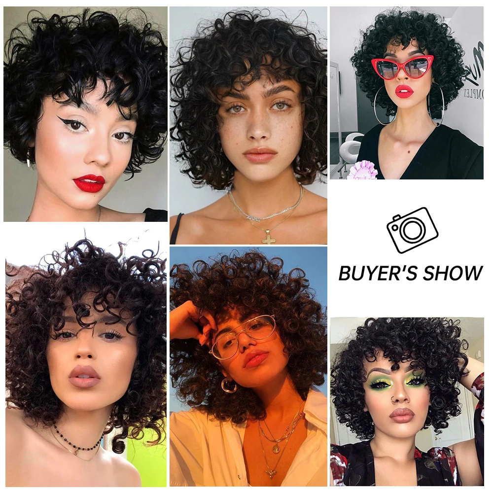 Deep Wave Afro Curly Bomb Wigs with Bangs Black Short Kinky Curly Wig for Women Brazilian Daily Machine Made Wig Heat Resistant