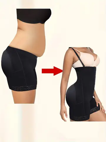 Slimming High-Waist Shapewear Shorts - Firm Tummy & Booty Enhancement Nylon & Elastane Blend with Contouring Lace Accents