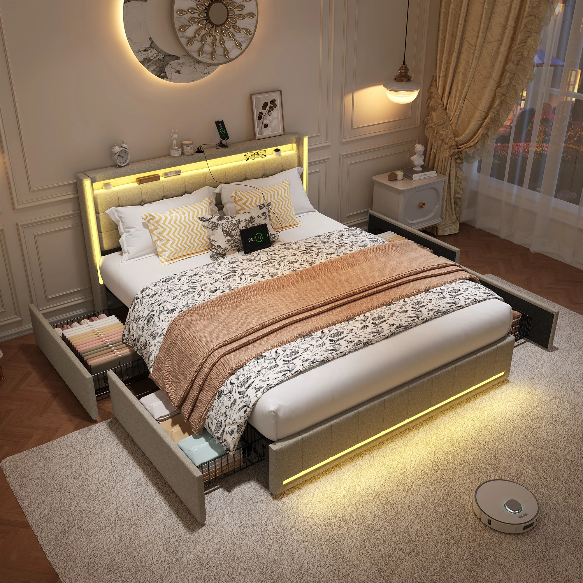 Superaly Cama moderna para adultos de 140/160/180×200 cm con luz LED, cama doble con carga USB, cama con 4 cajones con ruedas, cabecero con espacio de almacenamiento, tela de lino, opciones en negro/blanco