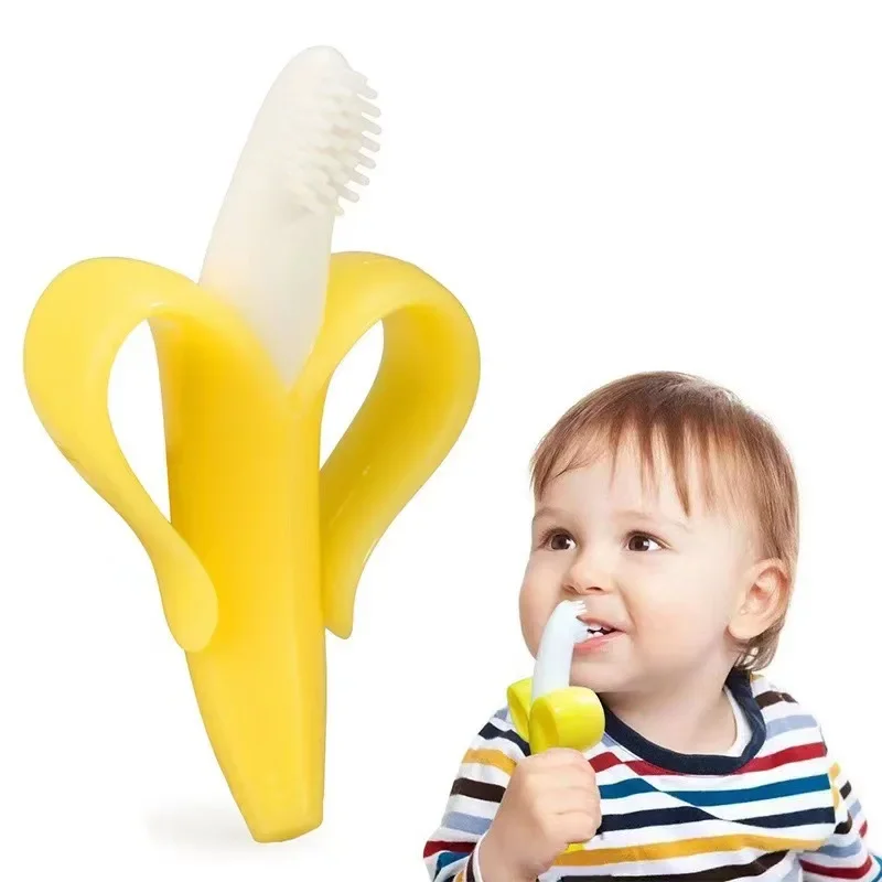 Anel de dentição de silicone do bebê, forma de banana, seguro para criança mordedor sem BPA, escova