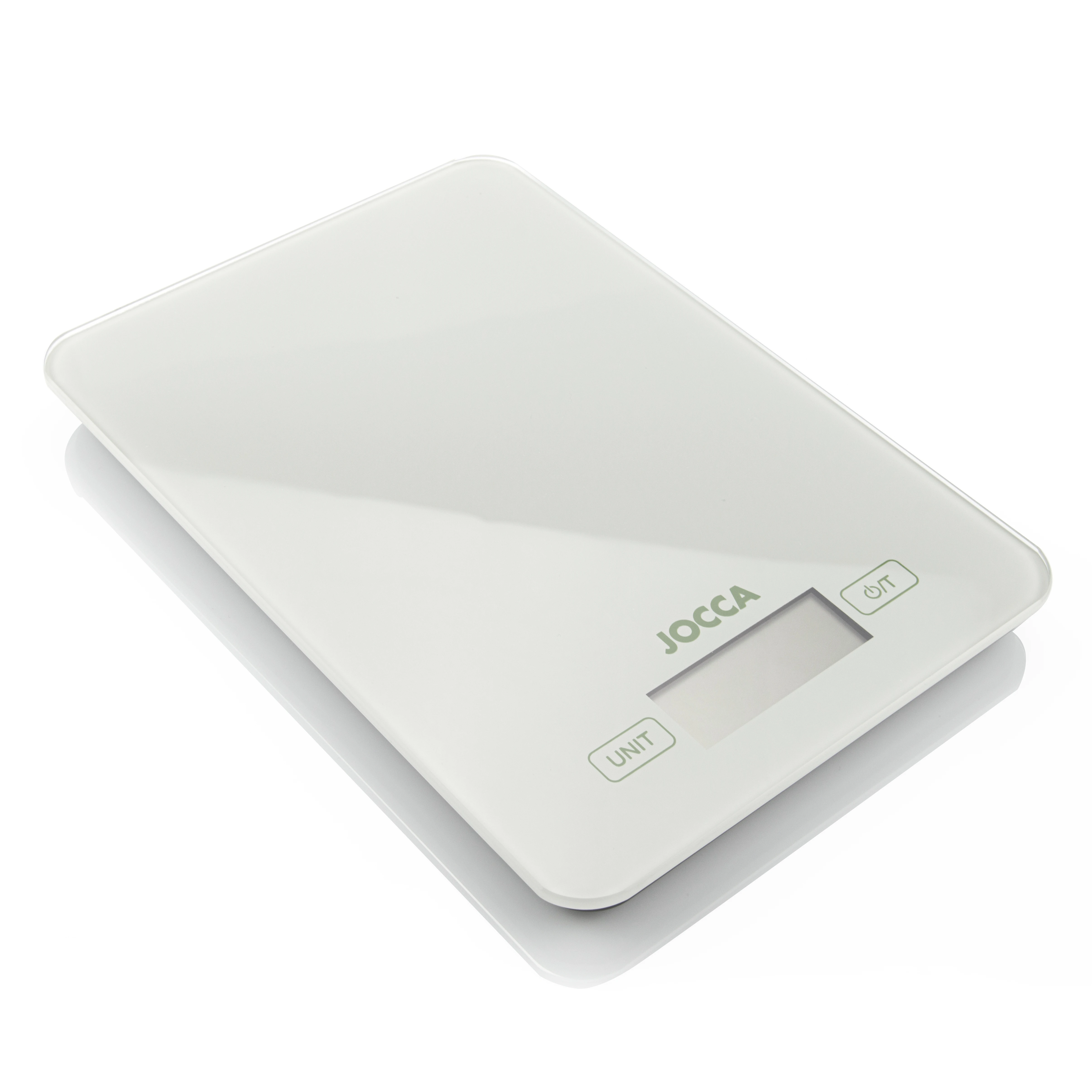 Elegant JOCCA white and green DIGITAL kitchen scale. High precision electronic measurement for weighing food. Scale with capacity up to 5KG, with TARA function and LCD display for home.