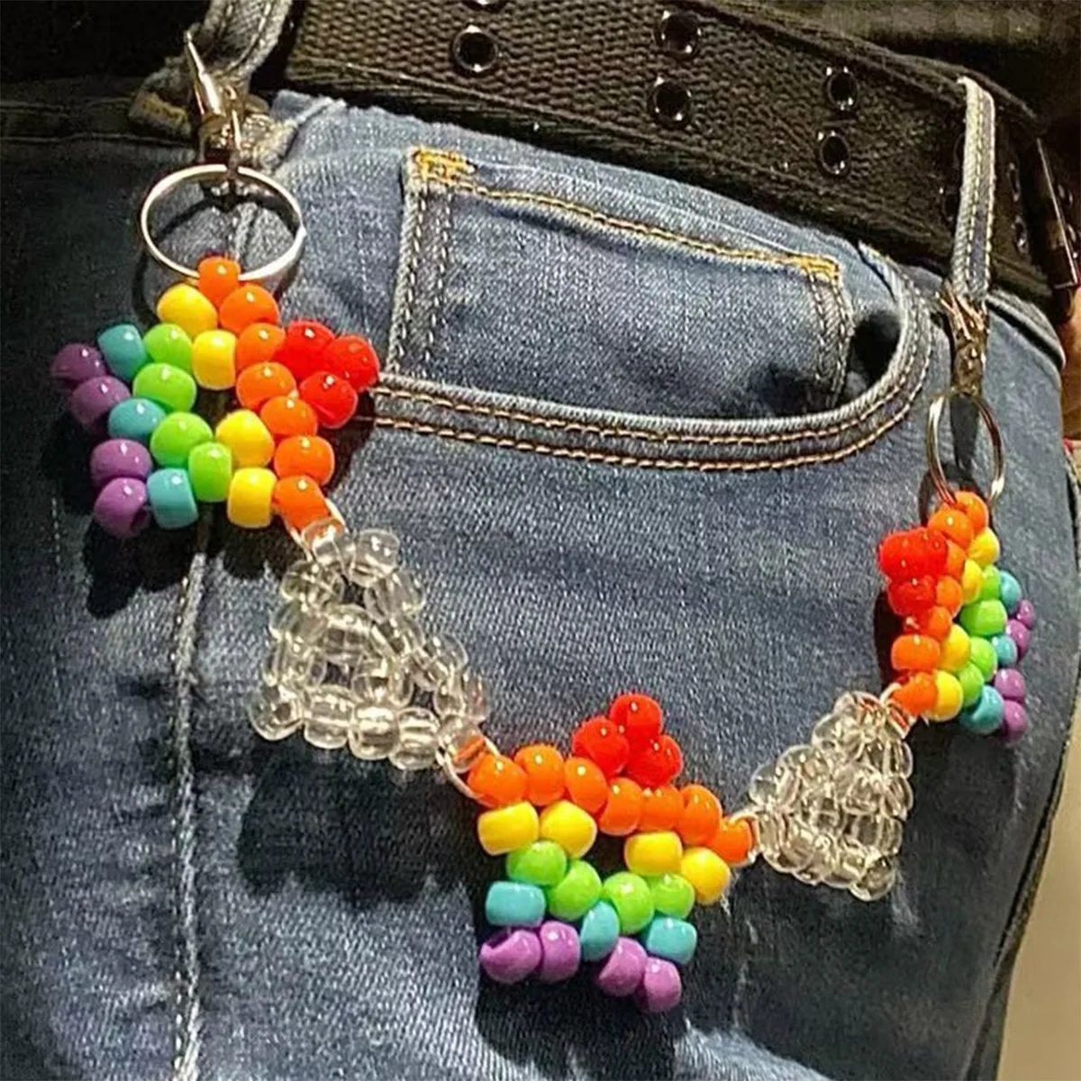 Handmade Sparkle Rainbow Star Kandi Belt Chains Y2K Jean Chain Cute Pony Beads Kit Pride Festival Rave Kandi Accessories Belt