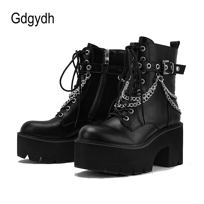 

Gdgydh Women Combat Boots Lace Up Black Platform Waterproof Chunky Heels Chain Studded Gothic Ankle Boots Buckle Strap and Zip