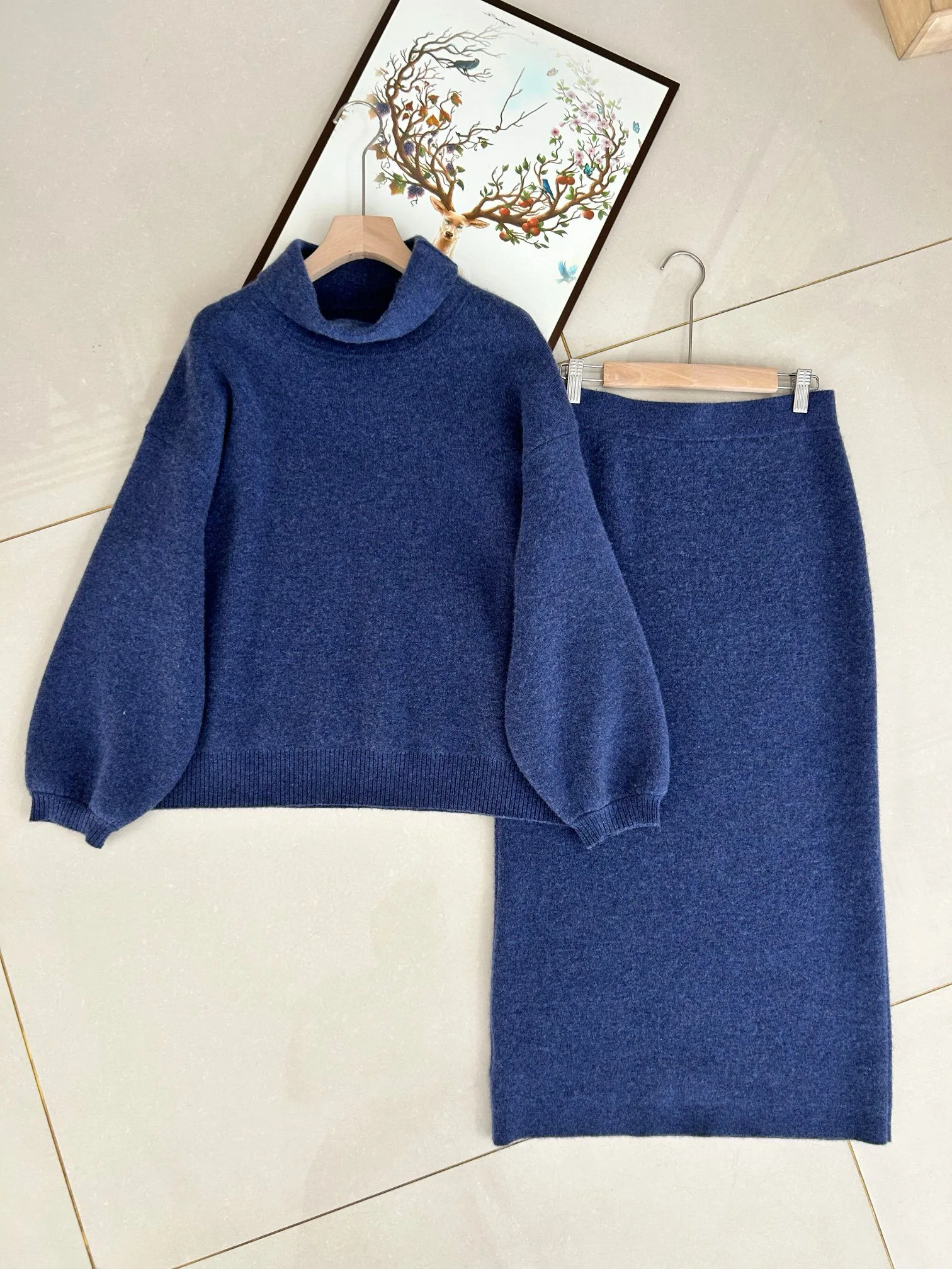 Luxuoso outono inverno feminino malha 100% saia de caxemira terno