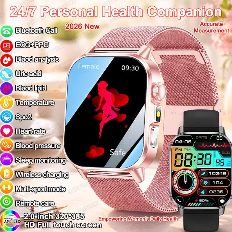 

2026 New Women Smart Watch ECG+PPG Blood Pressure SpO2 Heart Rate Uric Acid Blood Lipid Sleep Monitor Bluetooth Call 2.0" AMOLED