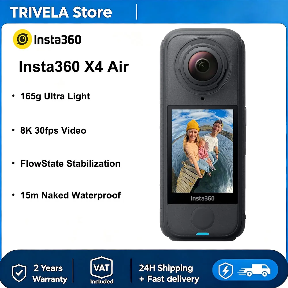 Insta360 X4 Air 8K 360° ° Action Camera, 165g Ultra Leggera, Lenti Sostituibili, Paravento Integrato, Stabilizzazione FlowState, App con Intelligenza Artificiale, Impermeabile fino a 15m
