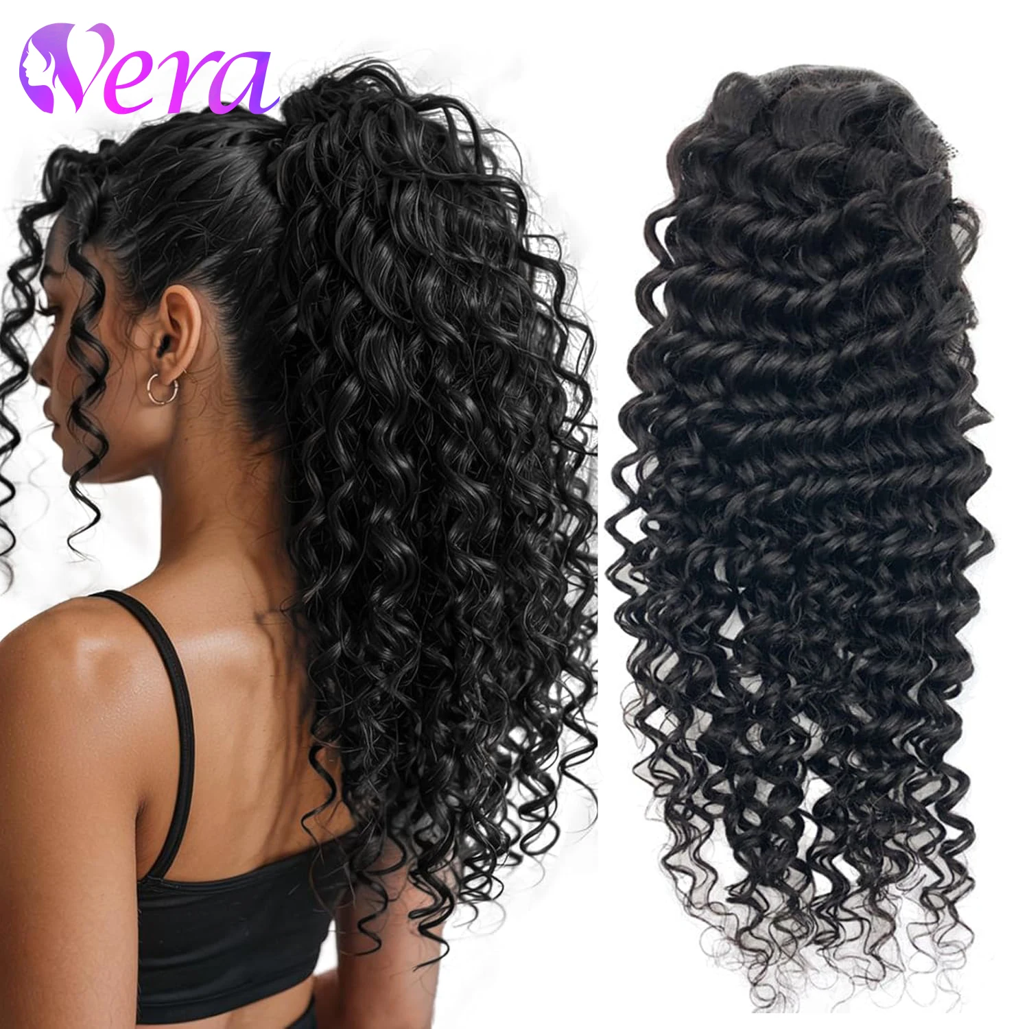 26 بوصة مجعد ذيل حصان ملحقات موجة عميقة الرباط ذيل حصان للنساء السود مشبك شعر الإنسان في قطع الشعر ذيل حصان سميكة #1