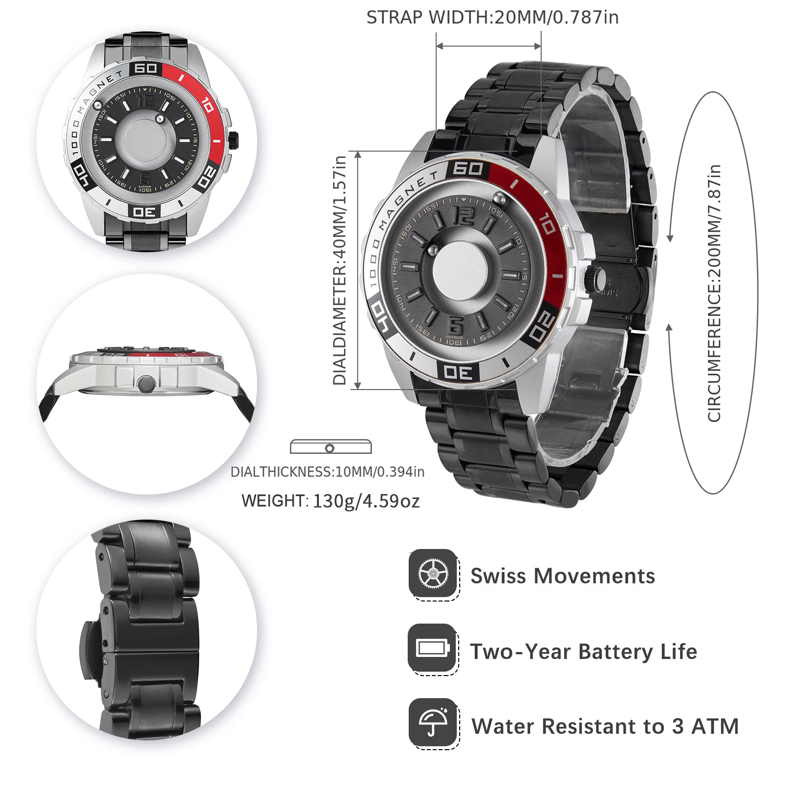 EUTOUR Orologio da uomo al quarzo impermeabile semplice sportivo alla moda multifunzionale in metallo magnetico pilota originale cinturino in acciaio inossidabile