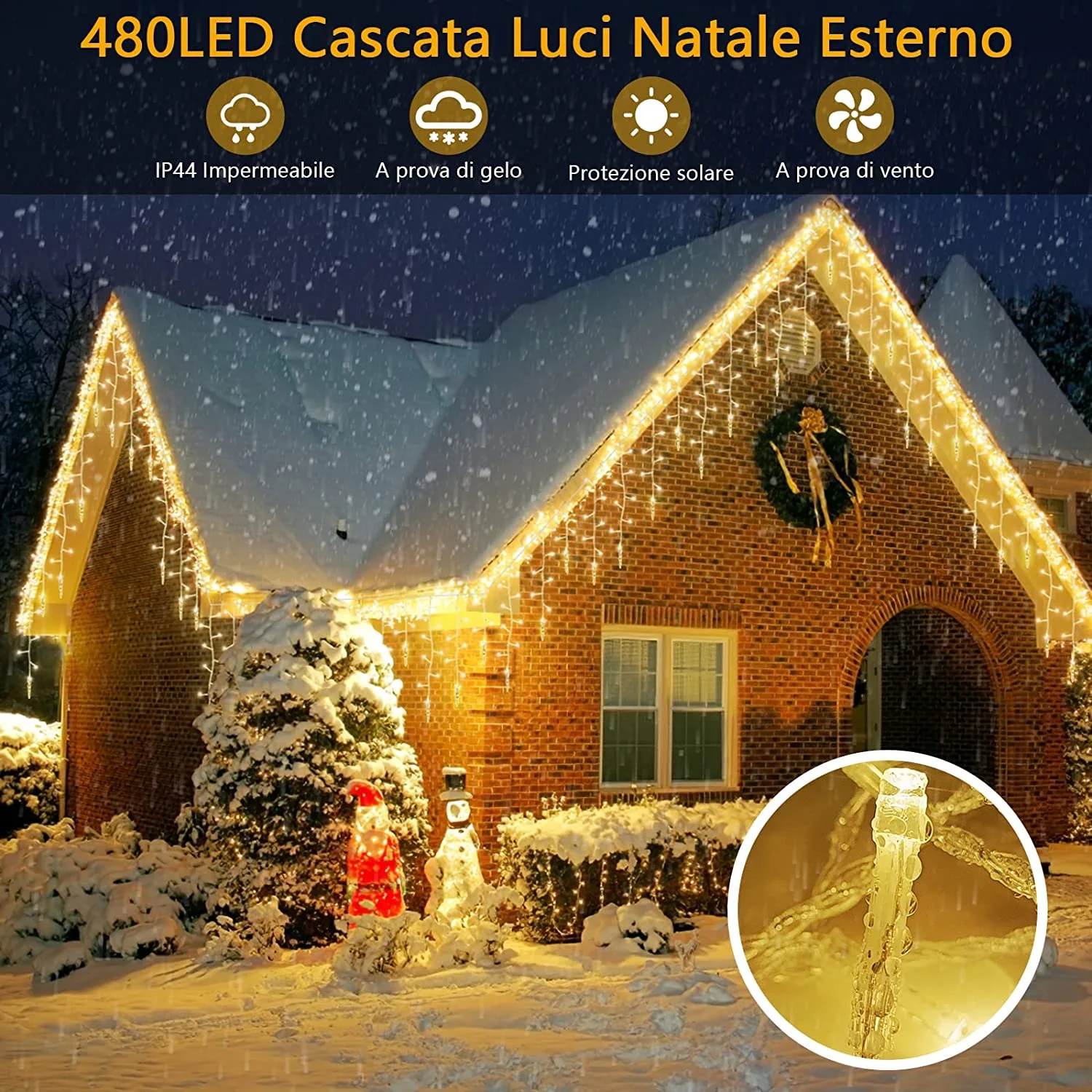 Luces Navidad en Cortina de LED 10 metros, 10M 480 LED Luces Navidad Exterior, Luces Navidad Exterior Cortina con 8 Modos Mando, IP44 Impermeable