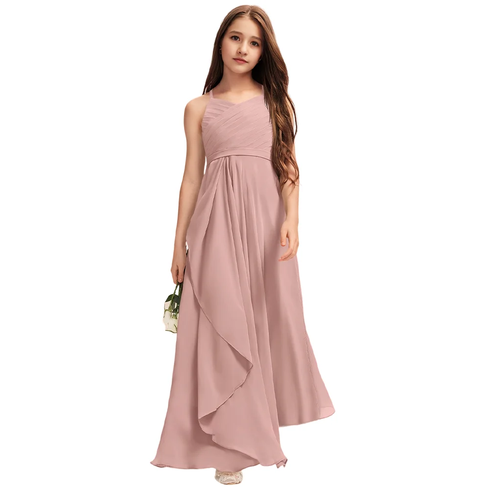 فستان وصيفة العروس الصغير برقبة على شكل V للأطفال فستان فتاة الزهور شيفون بطول الأرض مع كشكشة أنيقة لحفلات الزفاف للفتيات ملابس رسمية #6