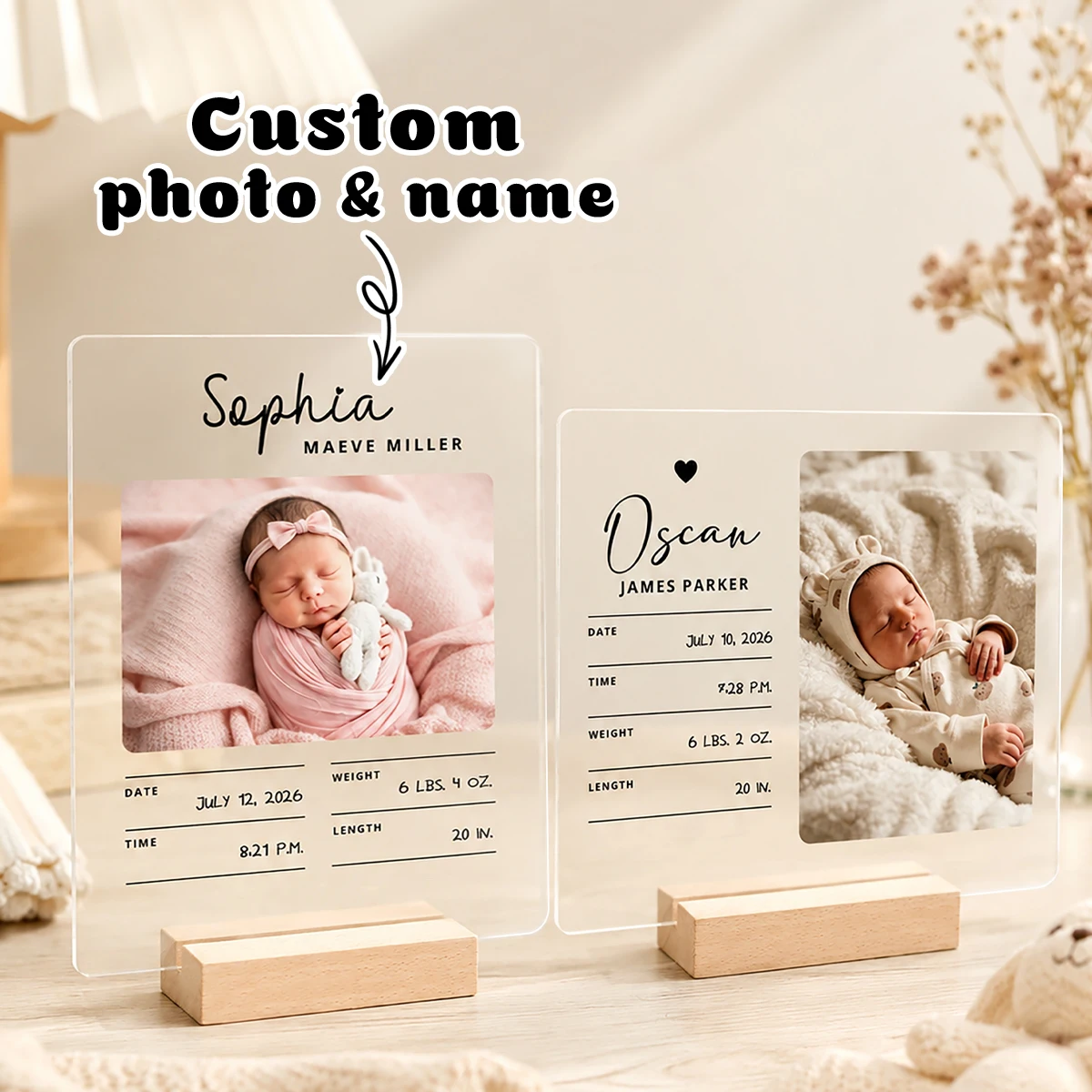 Personalized Newborn Birth Stat Sign, Custom Baby Photo Keepsake Plaque, Acrylic Birth Announcement Frame with Wood Stand.