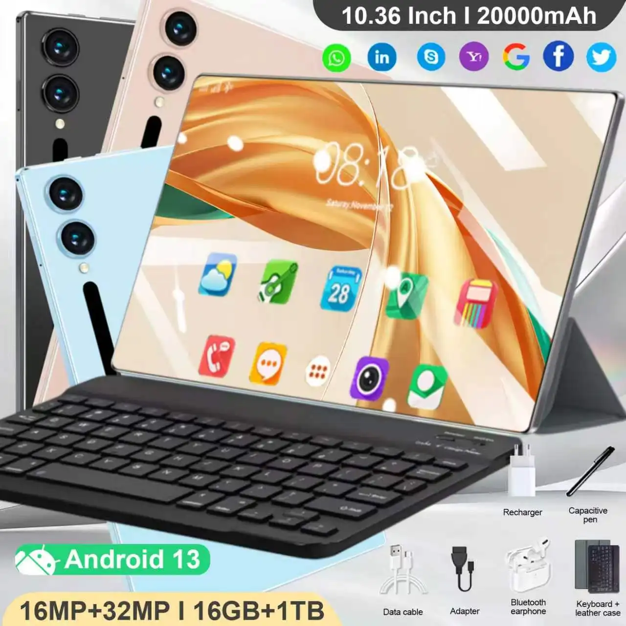 Versión Global, Tablet PC Android 13 con Pantalla Grande HD 4K de 10.36 Pulgadas, 16 GB + 1 TB, 5G, WIFI, Bluetooth, GPS, 16 MP + 32 MP, 20000 mAh, Tablet para Juegos