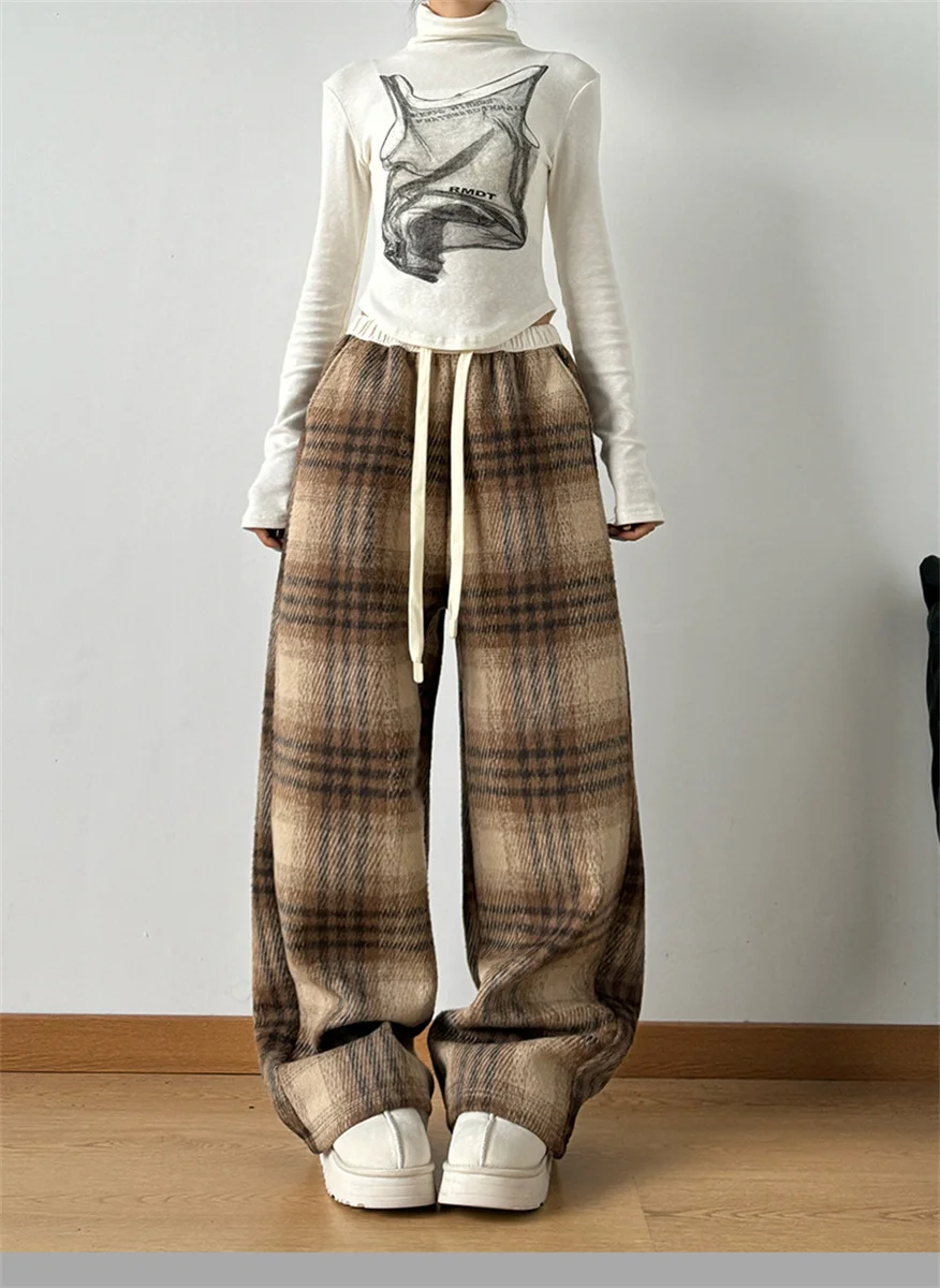 Fashion Warm Plush Pants Cashmere Thick Plaid Ladies Winter Casual Loose Wide-legged Pants Korean Streetwear Students Lazy Pants