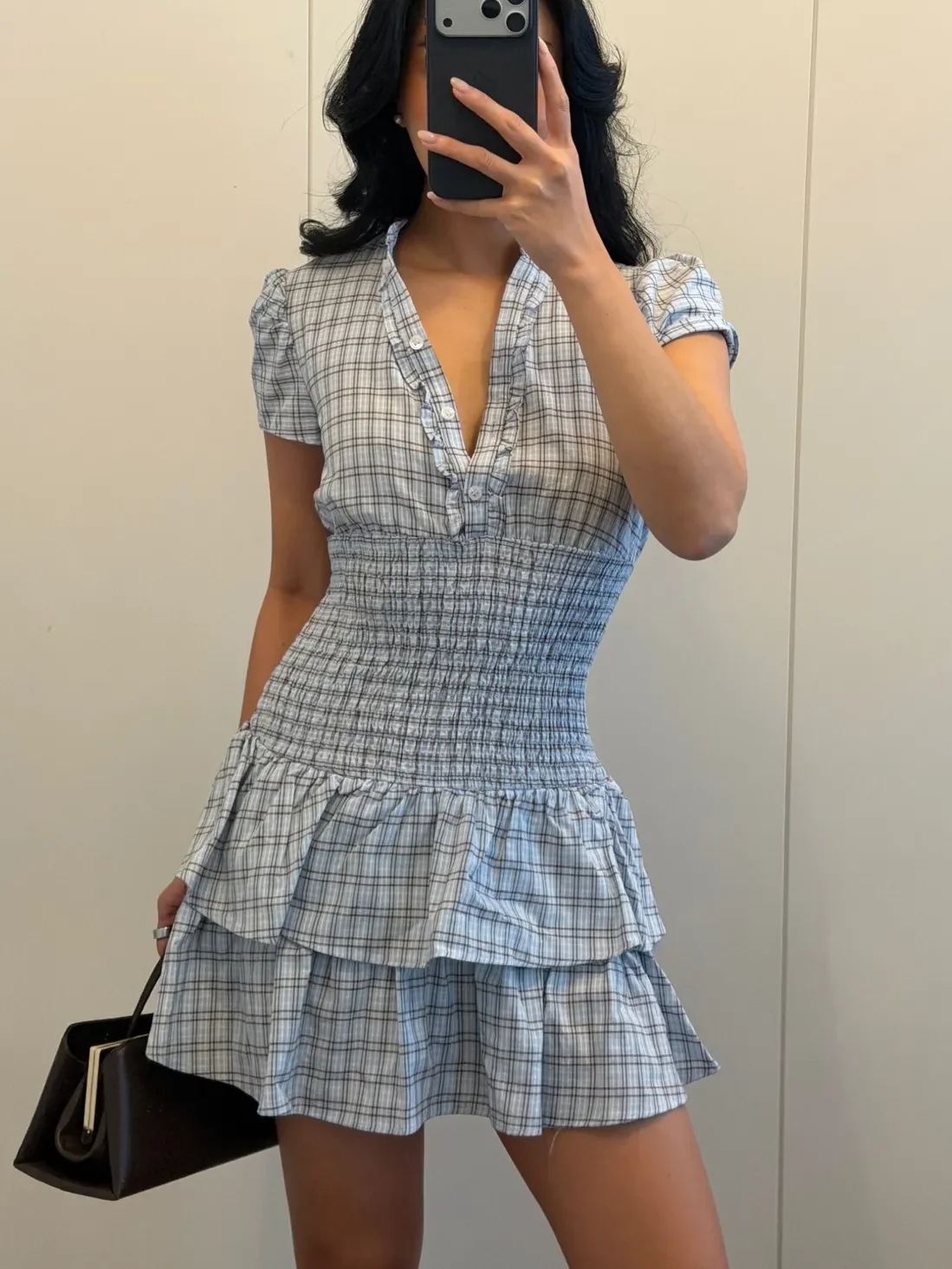 New Woman Spring Fashion Comfortable Short Sleeves Lapel Layered Decoration Plaid Short Dress Female Casual Outing Dress