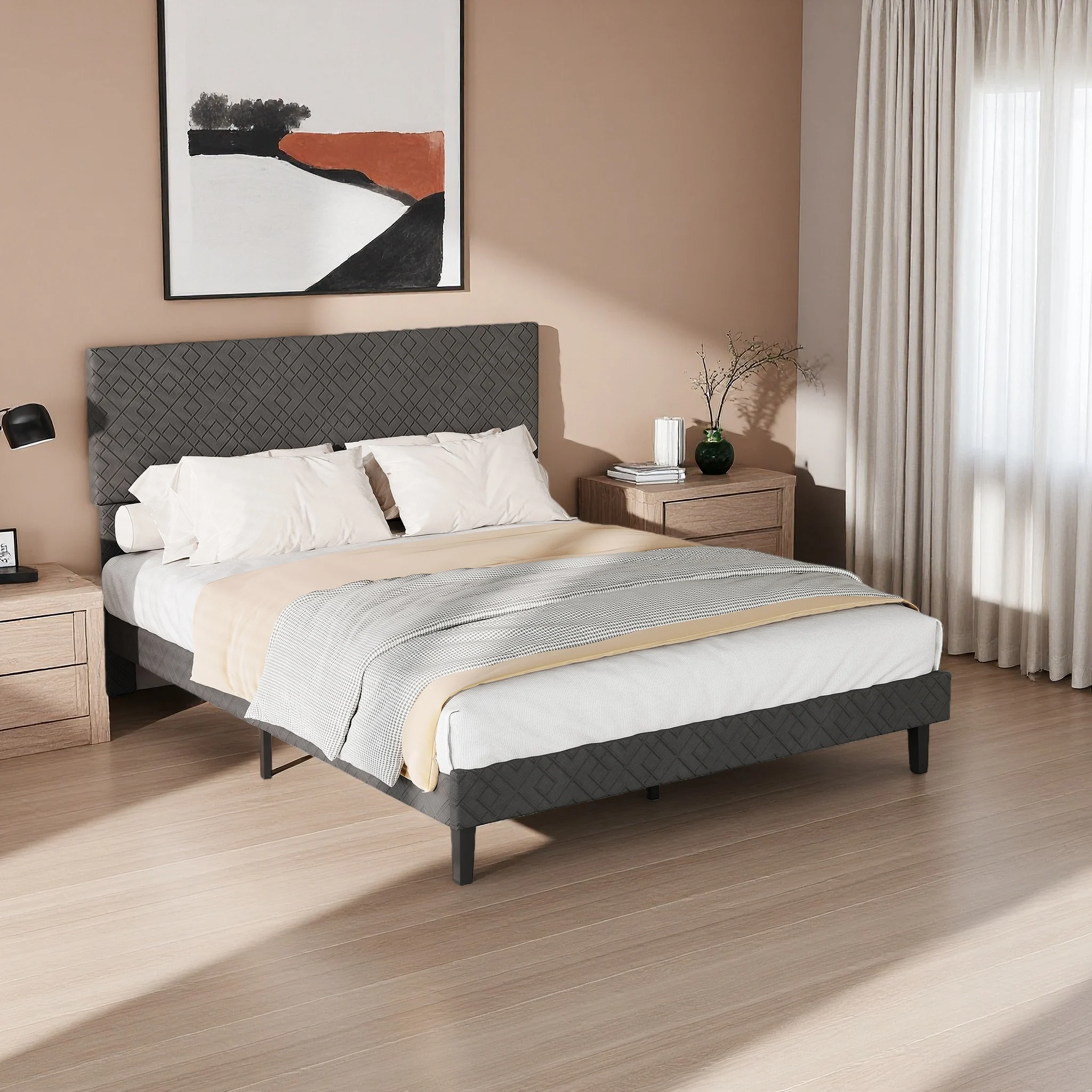 Cama moderna minimalista Comanlai de 140/160×200 cm, cama tapizada, cama doble, cama para adultos, muebles de dormitorio, cama de tela de lino, gris