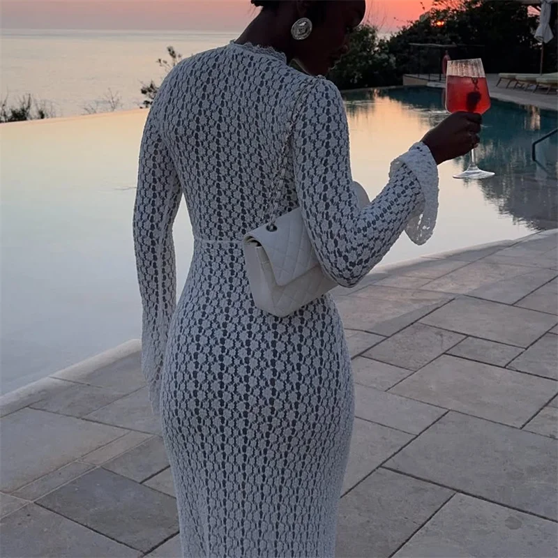 Women's Long Sleeve Cut Out Sheer Long Lace Dress Sexy See-through Boho Beach Bikini Cover-Up Swimsuit Female Swimwear Robe