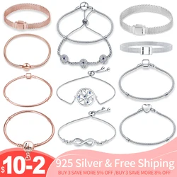 925 Sterling Silver Original Genuine Certified Rose Gold Luxury Charm Beads Bracelet Snake Chain For Women Jewelry Flat Bracelet