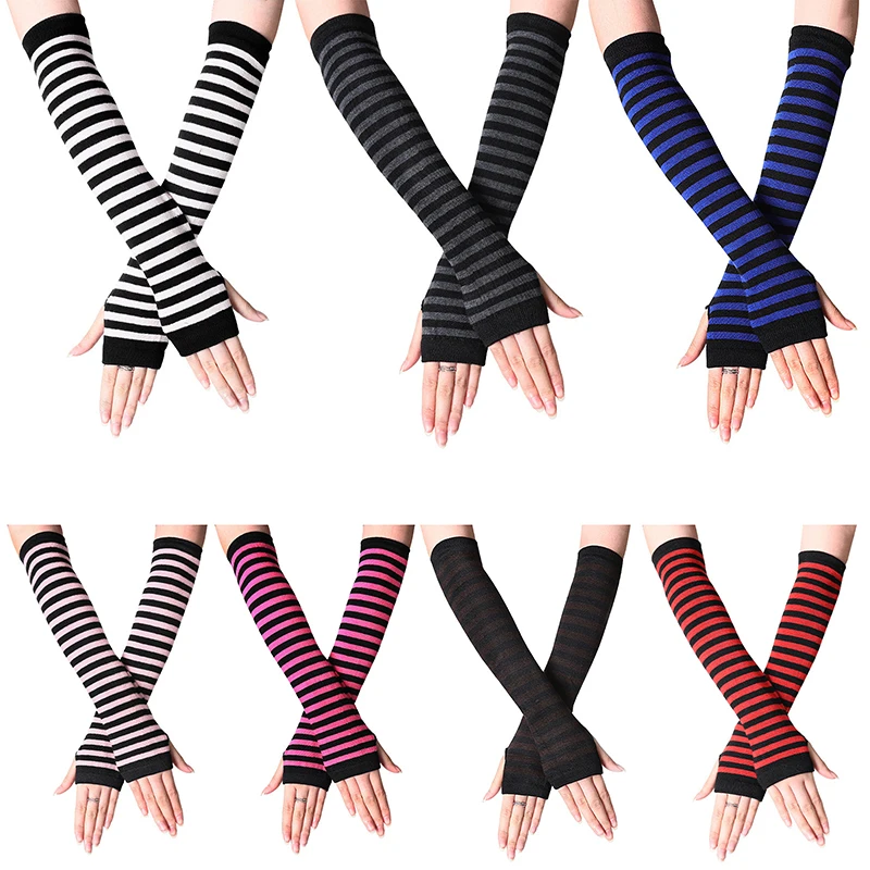 Y2K Fashion Women Girls Striped Elbow Gloves Cieplejsze dzianinowe długie rękawiczki bez palców