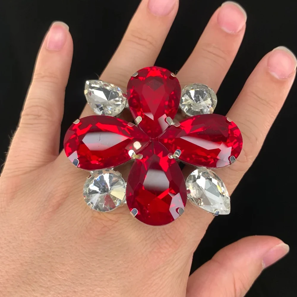 Stonefans-Bagues manchette exagérées en cristal rouge pour femme, bijoux de doigt goutte d'eau, patients réglables, bague ouverte en biscuits brillant, Rhde promo