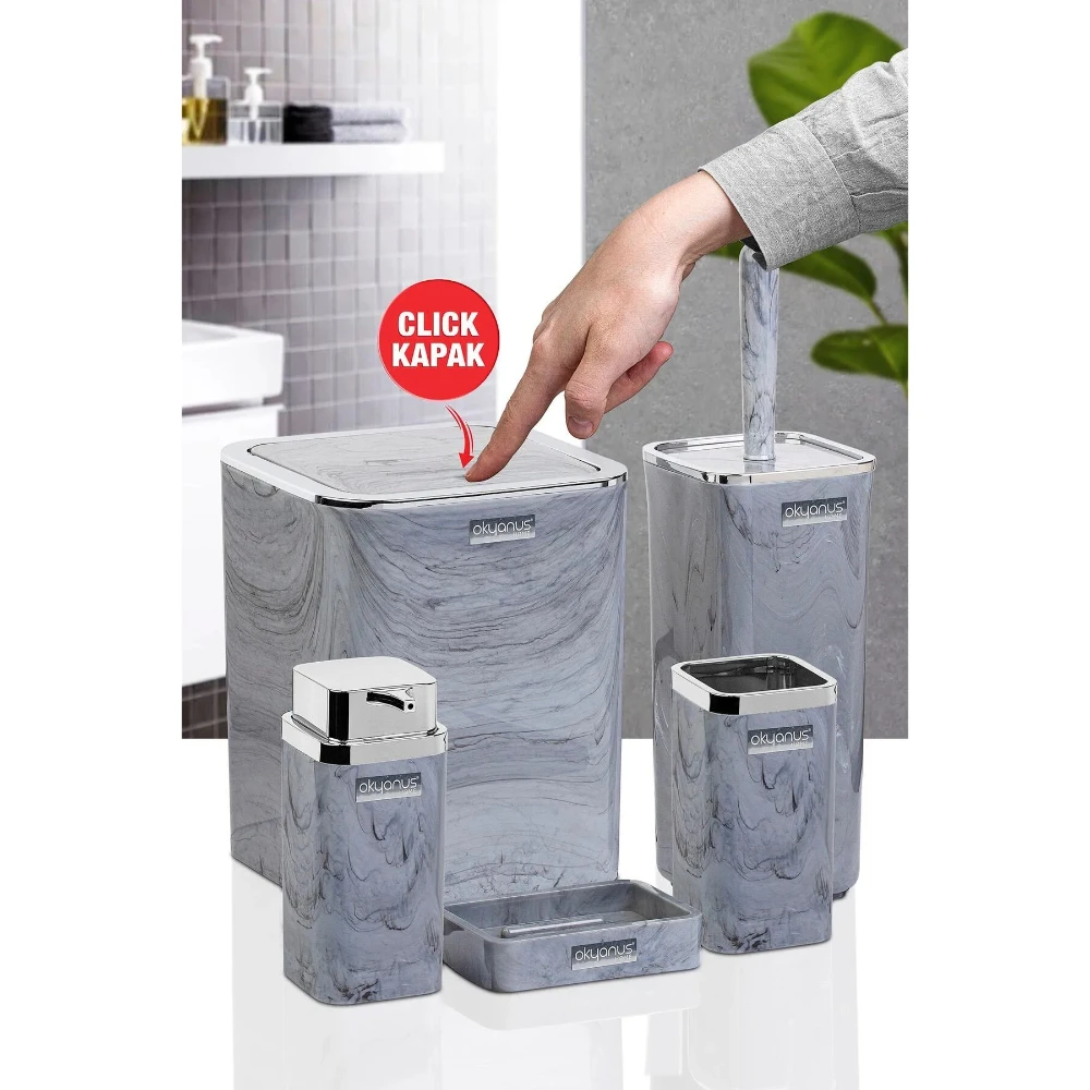 Square Marble Pattern Bathroom Set 5 Piece Bathroom Accessories Set Dustbin Cleaning Brush Toilet Sets Cleaning Brush