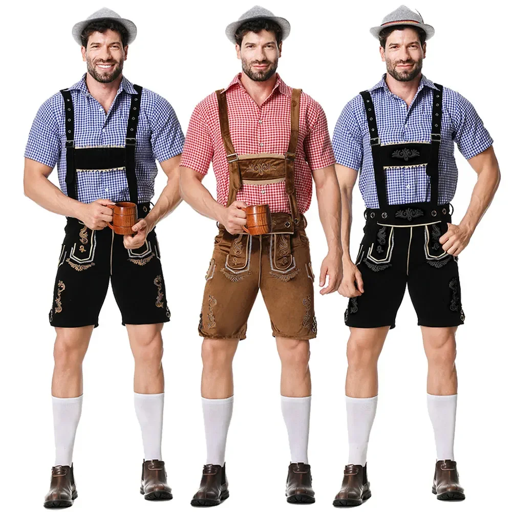 Männliches Oktoberfest Lederhosen Kostüm Bayerisches Oktoberfest Deutsches Bierkostüm Hemd Hosenträger Shorts Hut Cosplay Kostüme