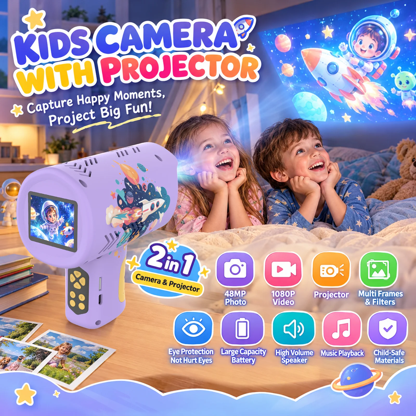 2 in 1 Handheld Kids Camera Projector Digital Video Camera for Children Take Pictures Record Videos Project Image Video on Wall