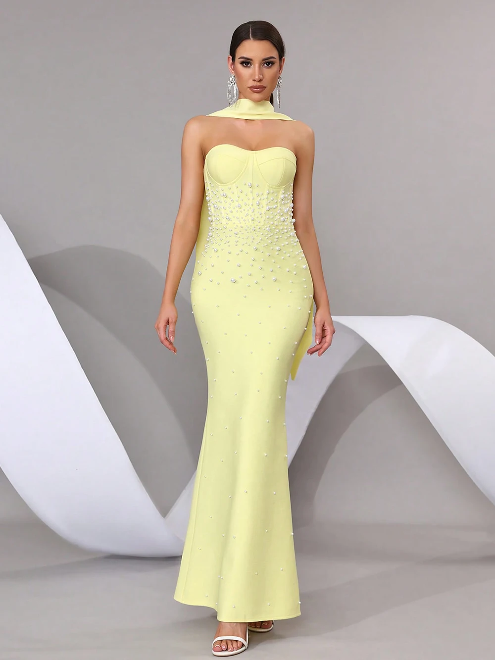 Modphy Elegant Pearl Tight Bandage Maxi Dress For Women Sleeveless Long Dress With Scarf Birthday Party Evening Graduation Dress