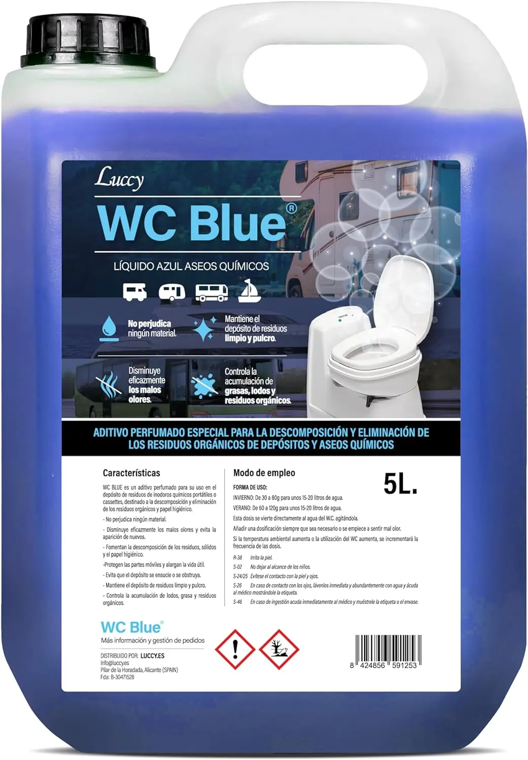 Wc Bleu |     Additif à formule améliorée pour les eaux noires, les réservoirs de déchets, les fluides sanitaires pour caravanes, camping-cars et toilettes portables