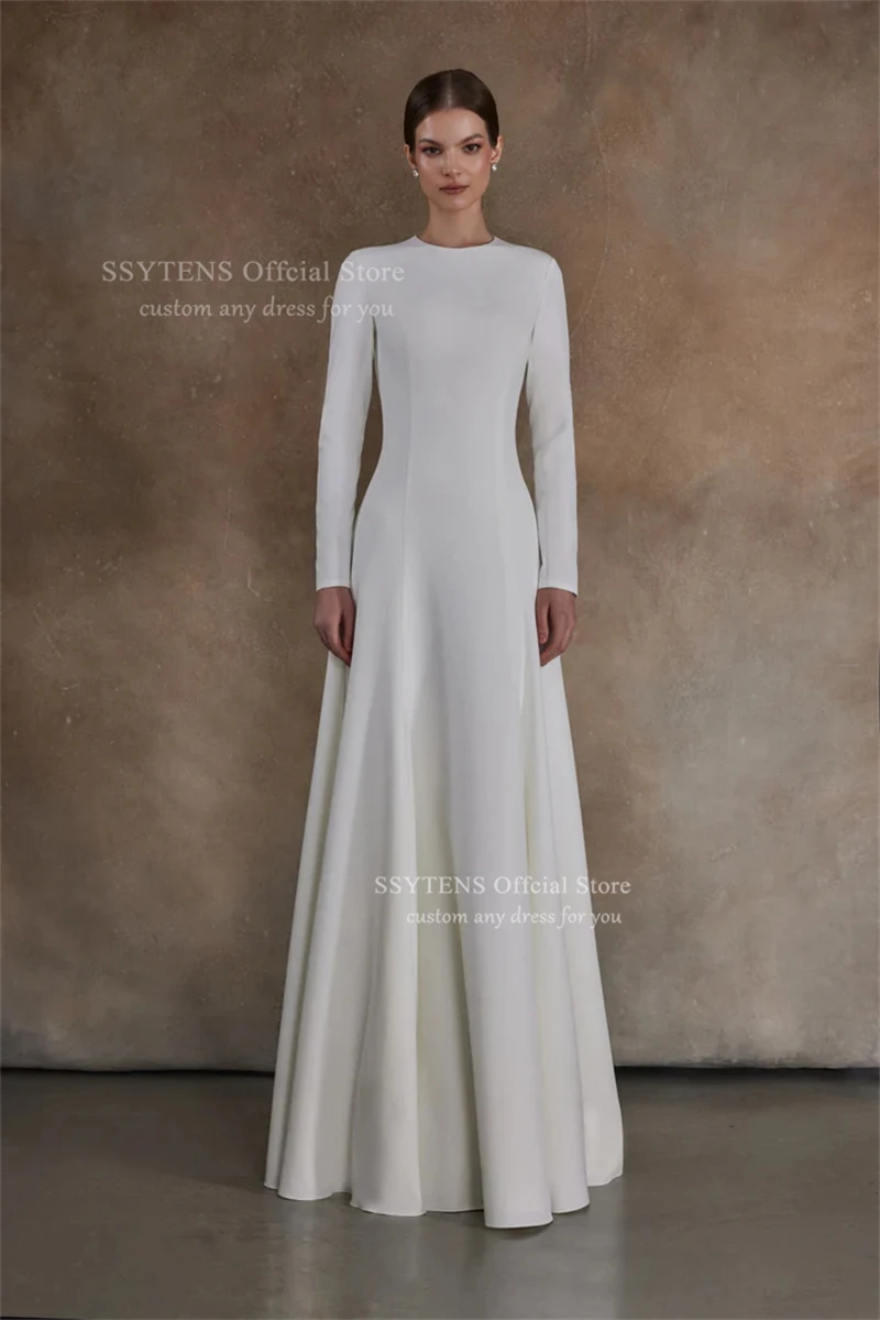 ชุดแต่งงานทรงเอไลน์ยาวหรูหรา SSYTENS สำหรับผู้หญิง คอทรงโอ ผ้าซาติน แขนยาว ชุดเจ้าสาว Vestidos De Novia Boda 2026 รับสั่งตัด