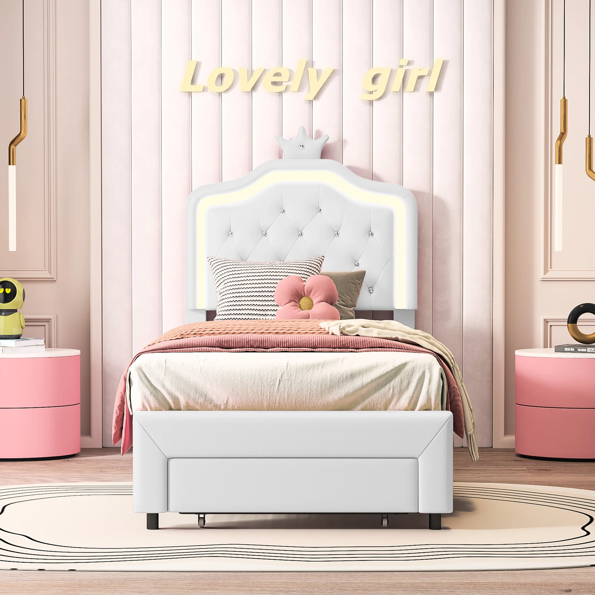 Prinsessenbed 90x200cm, gestoffeerd kinderbed, eenpersoons meisjesbed met verstelbare ledverlichting en lade, verstelbaar kroonvormig hoofdeinde, PU-leer, wit/roze - afbeelding 1