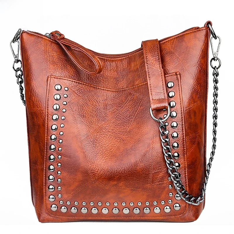 Retro Rivet Shoulder Bag Chain Crossbody Bags for Women Luxury Leather Messenger Bag Women Large Handbag Lady Bolsas De Mujer — zdjęcie 2