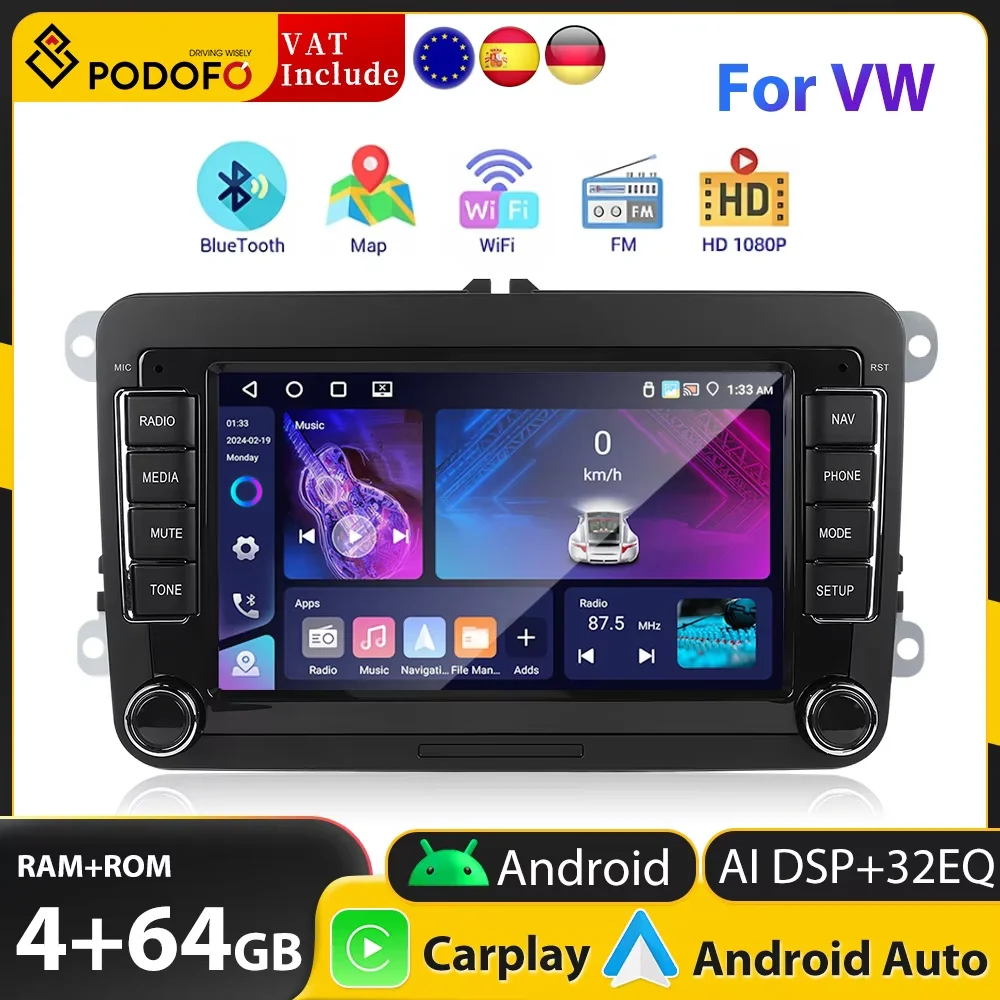 PODOFO 4G+64G Android Car Radio Wireless CarPlay VW Volkswagen GPS Head Unit