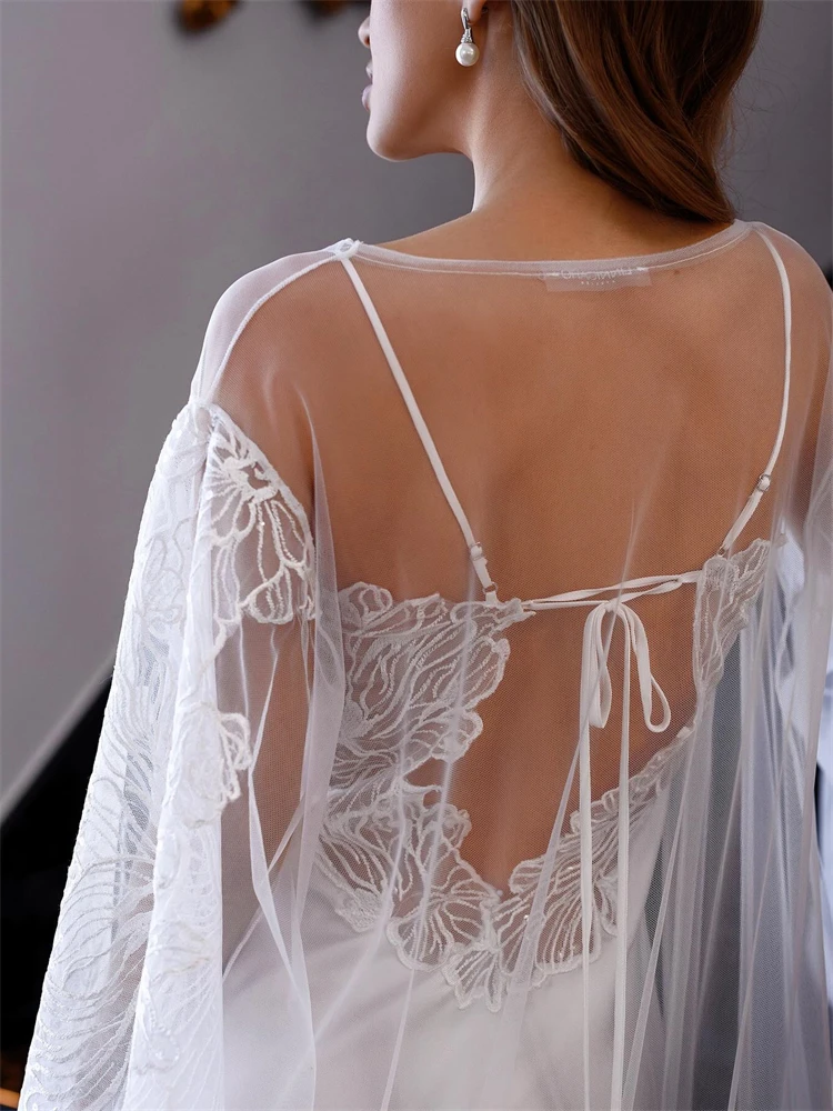 Elegant Two-Pieces Bride Robe For Embroidered Lace Wedding Sexy Flare Sleeves Bridal Shower Dress Women Night Gwon عرس لينجري