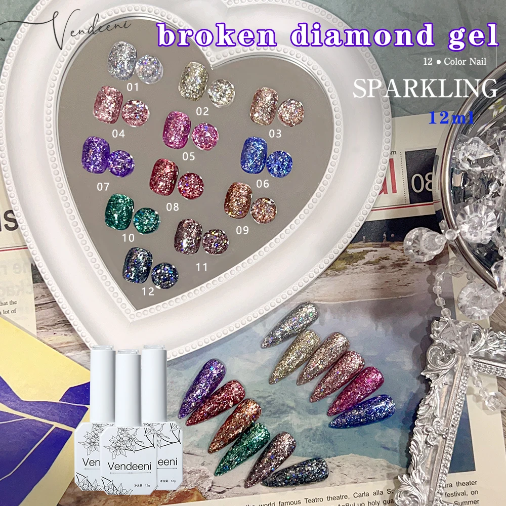 Vendeeni 12 Kleuren Glitter Gebroken Diamant Gel Nagellak Weken Van Uv Led Pailletten Gel Nagellak Voor Nail Art Design 12Ml