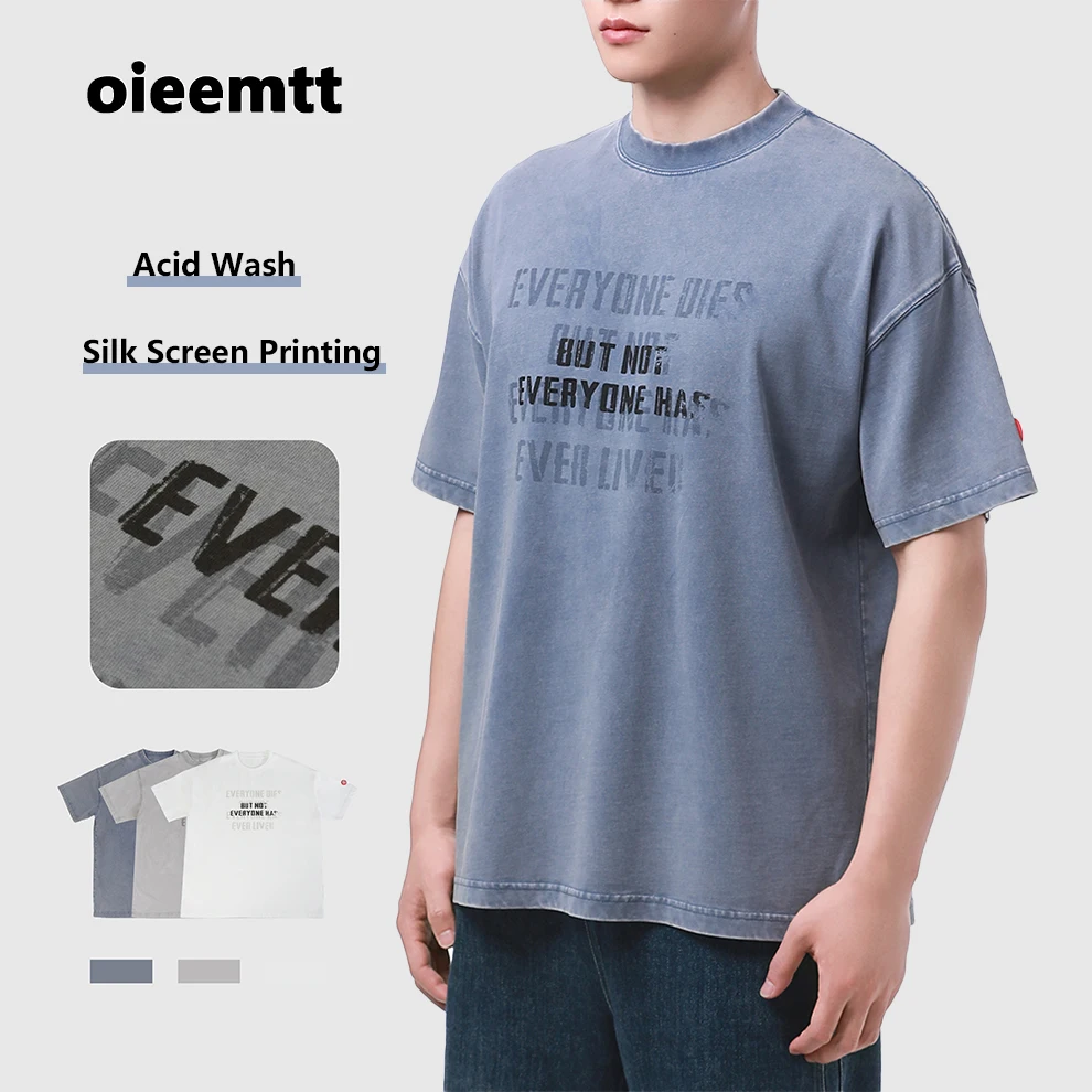 

High Quality 100%cotton Acid Wash Sun Faded Short Sleeve Tee Summer Top Heavyweight Crew Neck Letter Screen Printing T-shirt