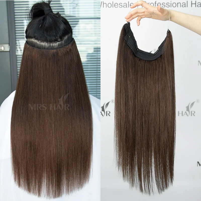Fish Line Wire Hair Extensions Invisible Clip in Human Hair Extensions 4 Clips Real Natural Hair 12-24Inch