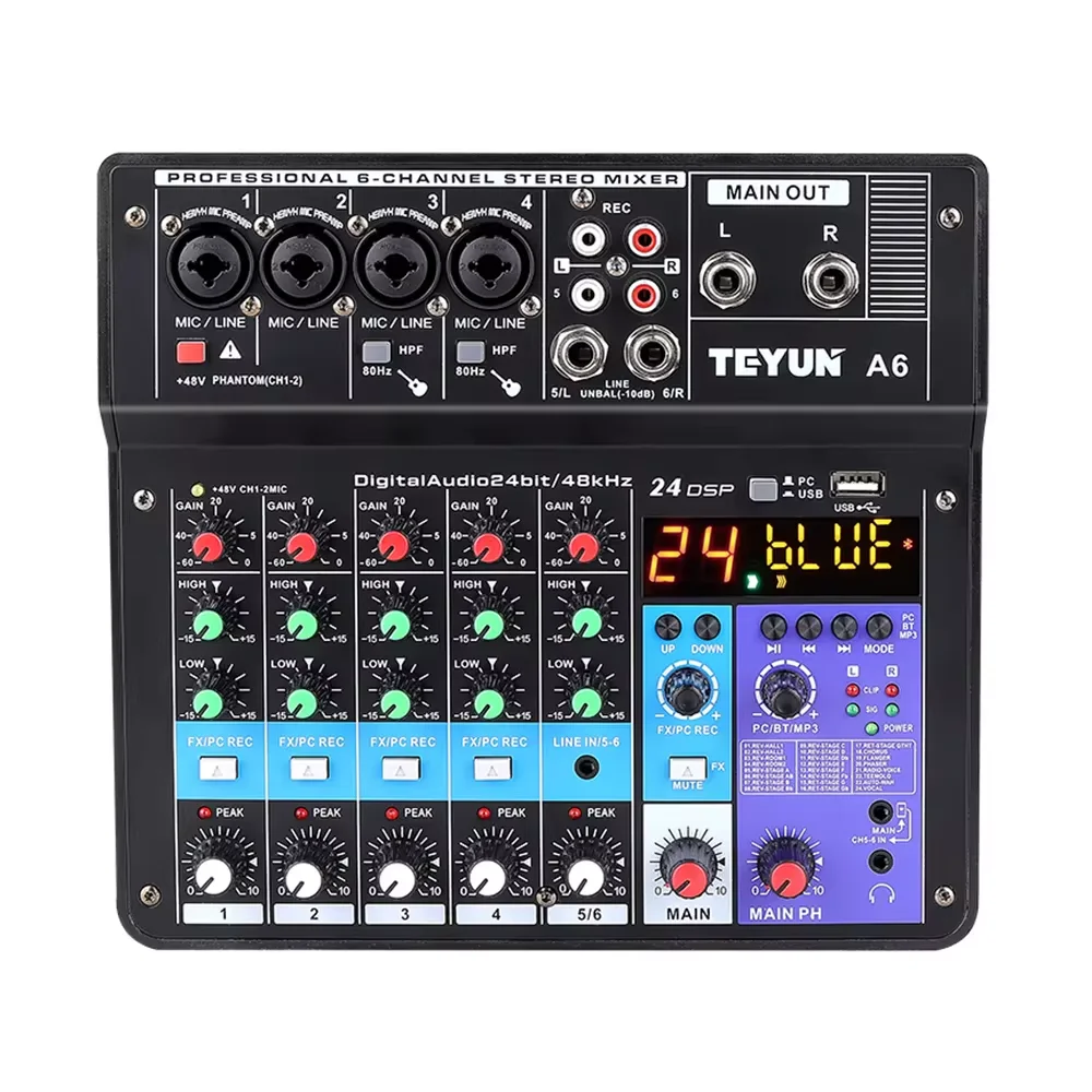 TEYUN 6 Channel Professional Portable Mixer Computer Sound Mixing Console Number Audio Interface Live Broadcast A6 48V Power