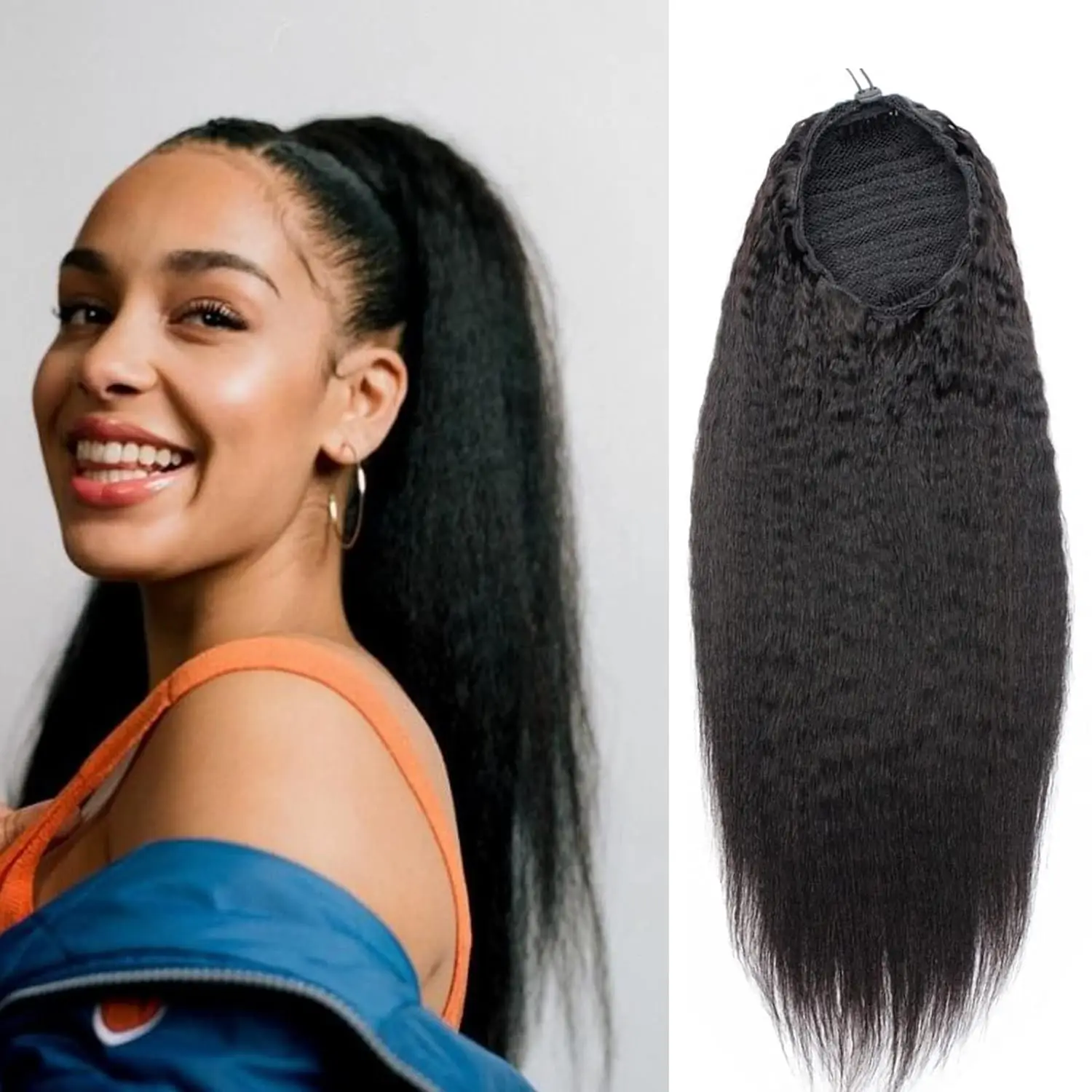 Kinky Straight Ponytail Human Hair Extension 100% Real Human Hair Wrap Around Drawstring In Ponytail Natural Black